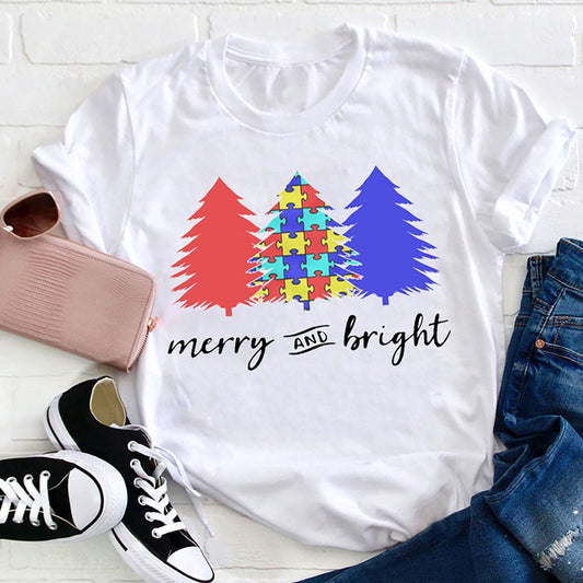 Merry And Bright Colorful Puzzle T Shirt, Merry T Shirt, Unisex Christmas Shirts
