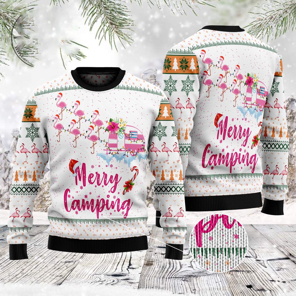 Merry Camping Flamingo Ugly Christmas Sweater, Funny Xmas Sweater, Sweater Xmas