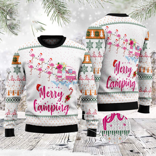Merry Camping Flamingo Ugly Christmas Sweater, Funny Xmas Sweater, Sweater Xmas