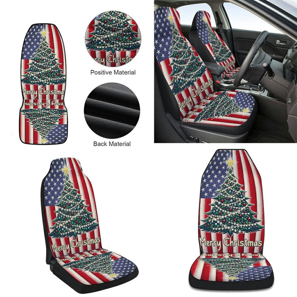 Merry Christmas Tree American flag Cars Seat Cover, Christmas Car Seat Covers, Car Decor Gift
