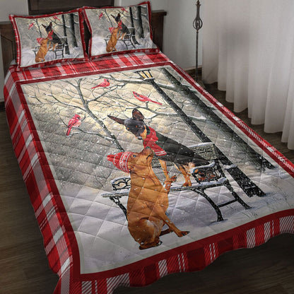 Miniature Pinscher Quilt Set, Miniature Pinscher Hellomas Snowflake Winter Park Holiday Quilt Blanket