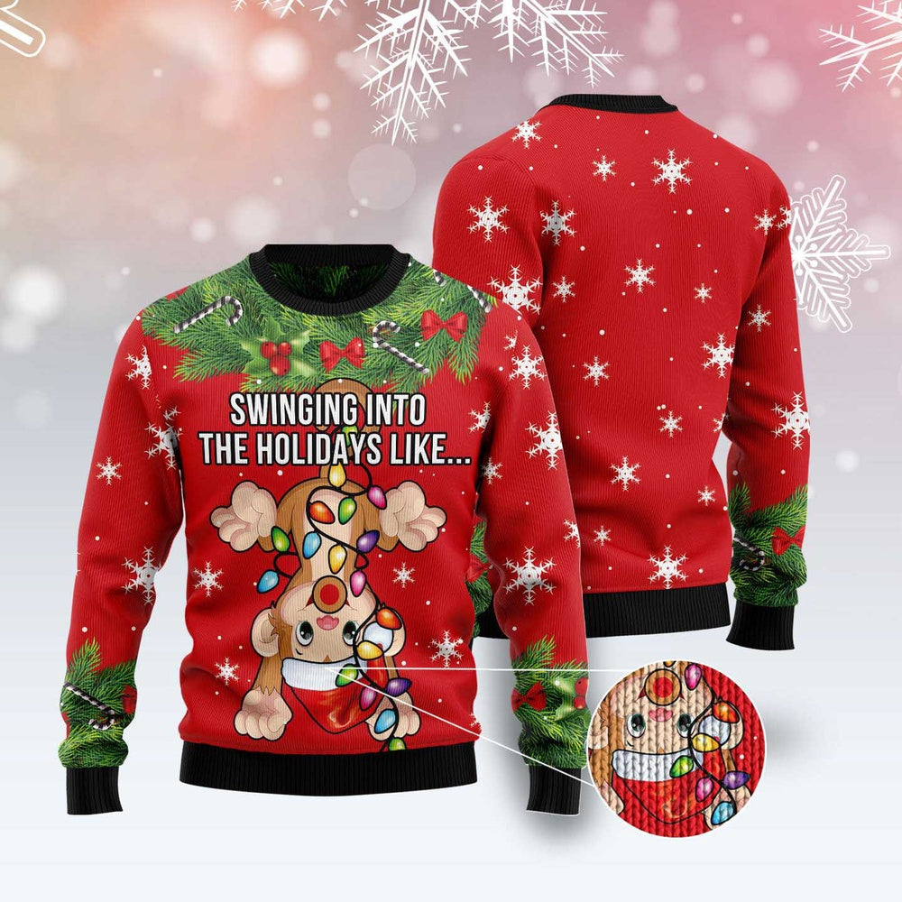 Monkey Swing Into The Holiday Ugly Christmas Sweater, Funny Xmas Sweater, Sweater Xmas