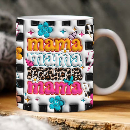 Mother's Day 3D Mug, 3D Retro Groovy Mama Inflated Mug, Smile Face Puffy Mug, Mom 3D Inflated Mug, Gift For Mom