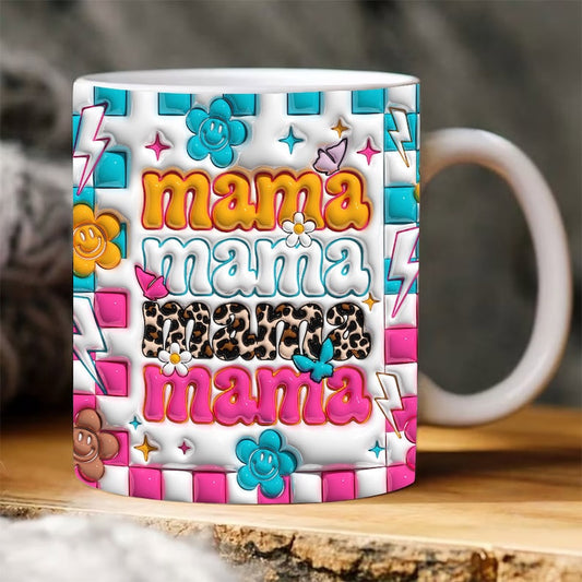 Mother's Day 3D Mug, 3D Retro Groovy Mama Inflated Mug, Smiley Checkered Puffy Mugs, Mom 3D Inflated Mug