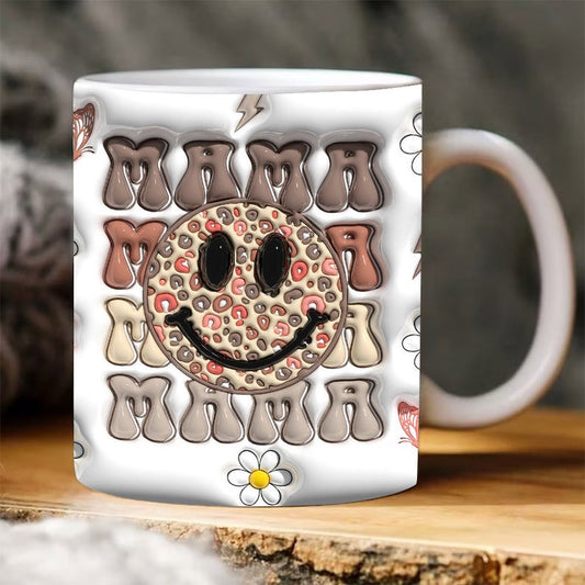 Mother's Day 3D Mug, 3D Retro Groovy Mama Inflated Mug, Smiley Checkered Puffy Mugs, Mom 3D Inflated Mug, Gift For Mom