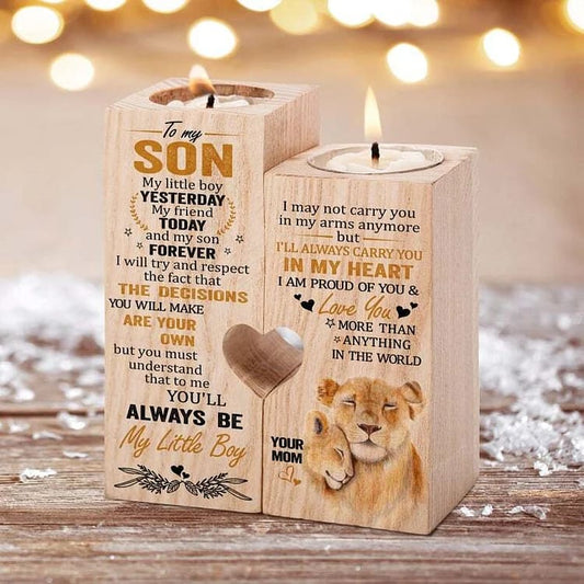 Mother's Day Candle Holders, Mom To Son, I'Ll Always Carry You In My Heart Wooden Candle Holder