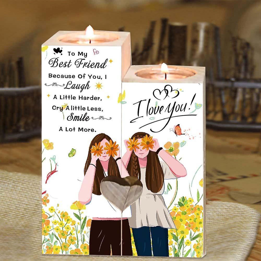 Mother's Day Candle Holders, To My Best Friend Wooden Candlestick, Because Of You, I Smile A Lot More, Heart Candle Holder For Friend