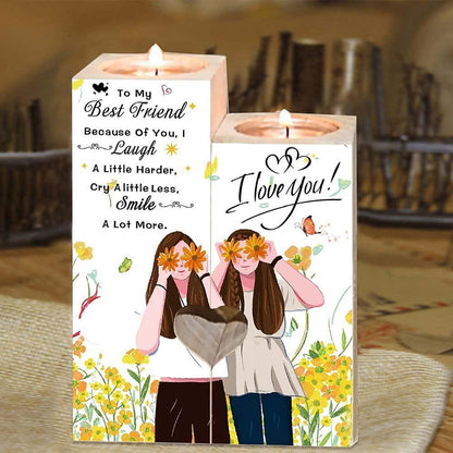 Mother's Day Candle Holders, To My Best Friend Wooden Candlestick, Because Of You, I Smile A Lot More, Heart Candle Holder For Friend