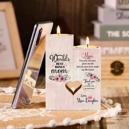 Mother's Day Candle Holders, To My Bonus Mom Heart Candle Holders, World'S Best Bonus Mom, Heart Candle Holder Gifts For Mom