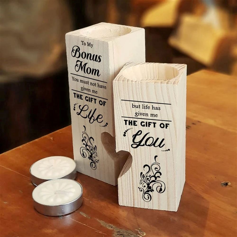Mother's Day Candle Holders, To My Bonus Mom Wooden Candlestick Shelf Couple Decoration Gift Bonus Mom Gifts