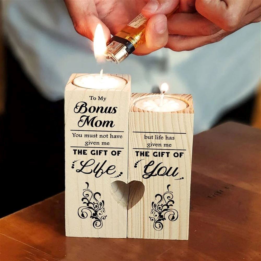 Mother's Day Candle Holders, To My Bonus Mom Wooden Candlestick Shelf Couple Decoration Gift Bonus Mom Gifts