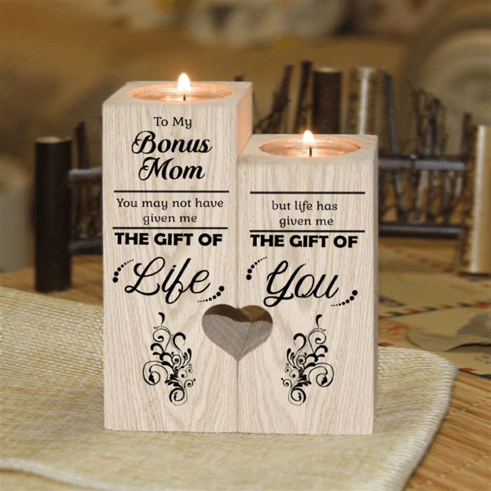 Mother's Day Candle Holders, To My Bonus Mom Wooden Candlestick Shelf Couple Decoration Gift Bonus Mom Gifts