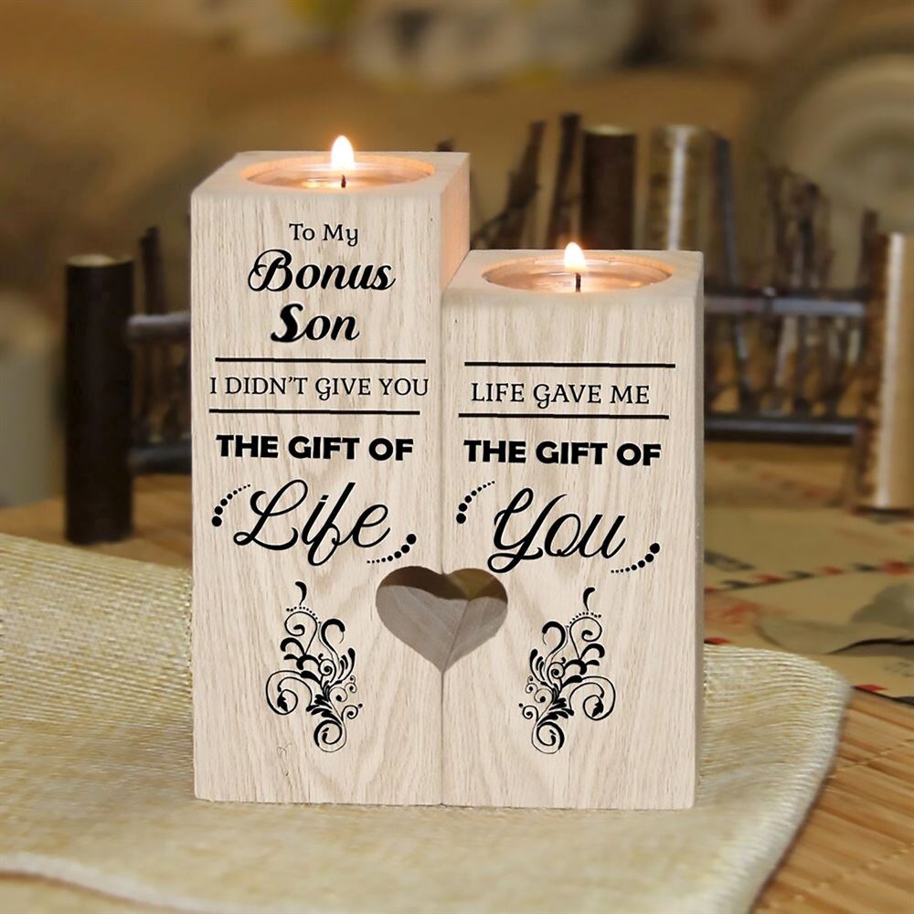 Mother's Day Candle Holders, To My Bonus Son, I Did'T Give You The Gift Of Life Life Gave Me The Gift Of You Heart Candle Holders
