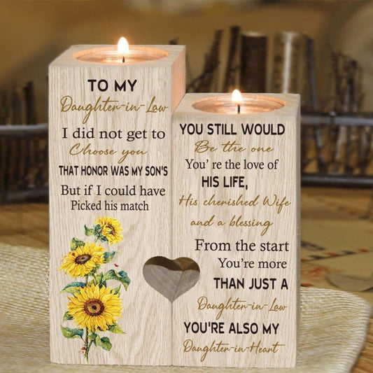 Mother's Day Candle Holders, To My Daughter, In, Law Heart Candle Holders, You'Re Also My Daughter, In, Heart Couple Wooden Candle Holder