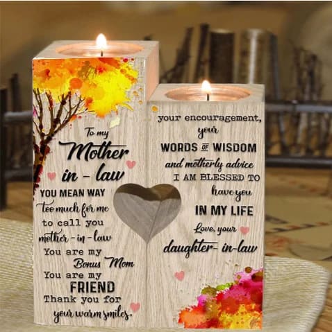Mother's Day Candle Holders, To My Mother, In, Law Wooden Candlestick, You Are My Bonus Mom, Heart Candle Holder