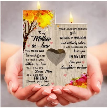 Mother's Day Candle Holders, To My Mother, In, Law Wooden Candlestick, You Are My Bonus Mom, Heart Candle Holder