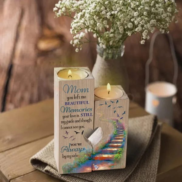 Mother's Day Candle Holders, You Left me Beautiful Memories, Wooden Memorial Candlestick Gifts for Mom