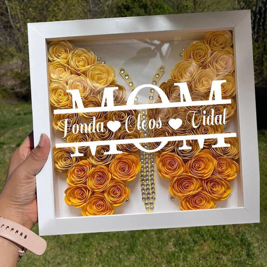 Mother's Day Flower Shadow Box, Custom Mom Butterfly Shadow Box With Kids Name For Mother's Day