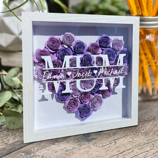 Mother's Day Flower Shadow Box, Custom Mom Heart Purple Mix Flower Shadow Box With Kids Name For Grandma Mom