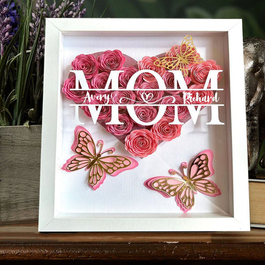 Mother's Day Flower Shadow Box, Personalized Butterfly Mom Flower Shadow Box With Kids Name For Mother's Day