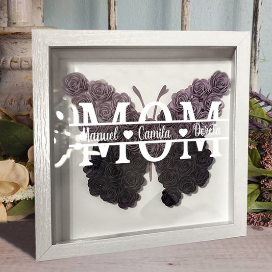 Mother's Day Flower Shadow Box, Personalized Butterfly Mom Ombre Black Flower Shadow Box With Kids Name For Mother's Day