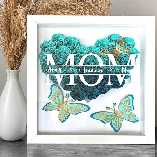 Mother's Day Flower Shadow Box, Personalized Butterfly Mom Ombre Blue Flower Shadow Box With Kids Name For Mother's Day