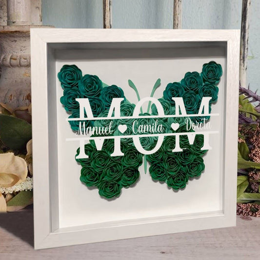 Mother's Day Flower Shadow Box, Personalized Butterfly Mom Ombre Green Flower Shadow Box With Kids Name For Mother's Day