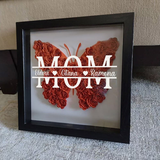 Mother's Day Flower Shadow Box, Personalized Butterfly Mom Ombre Orange Flower Shadow Box With Kids Name For Mother's Day