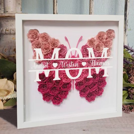 Mother's Day Flower Shadow Box, Personalized Butterfly Mom Ombre Pink Flower Shadow Box With Kids Name For Mother's Day