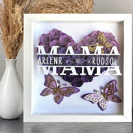 Mother's Day Flower Shadow Box, Personalized Butterfly Mom Ombre Purple Flower Shadow Box With Kids Name For Mother's Day