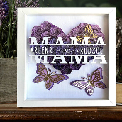 Mother's Day Flower Shadow Box, Personalized Butterfly Mom Ombre Purple Flower Shadow Box With Kids Name For Mother's Day