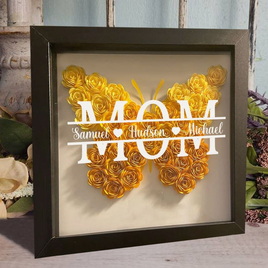 Mother's Day Flower Shadow Box, Personalized Butterfly Mom Ombre Yellow Flower Shadow Box With Kids Name For Mother's Day