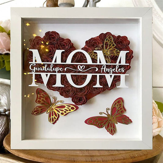 Mother's Day Flower Shadow Box, Personalized Butterfly Mom Red Flower Shadow Box With Kids Name For Mother's Day