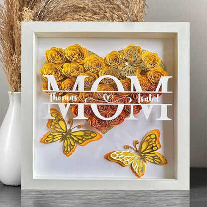 Mother's Day Flower Shadow Box, Personalized Butterfly Mom Yellow Flower Shadow Box With Kids Name For Mother's Day