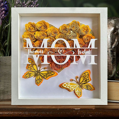 Mother's Day Flower Shadow Box, Personalized Butterfly Mom Yellow Flower Shadow Box With Kids Name For Mother's Day