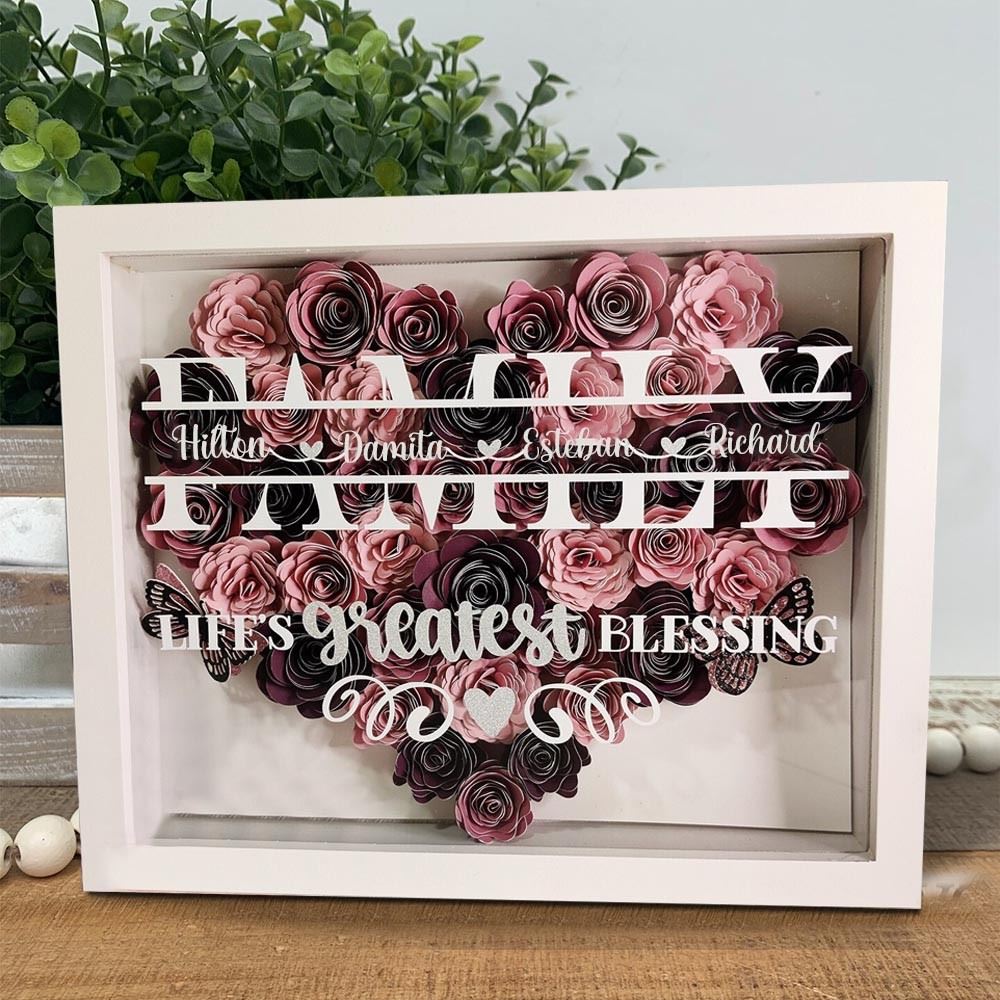 Mother's Day Flower Shadow Box, Personalized Family Ombre Black Pink Flower Shadow Box With Name For Mother's Day Birthday