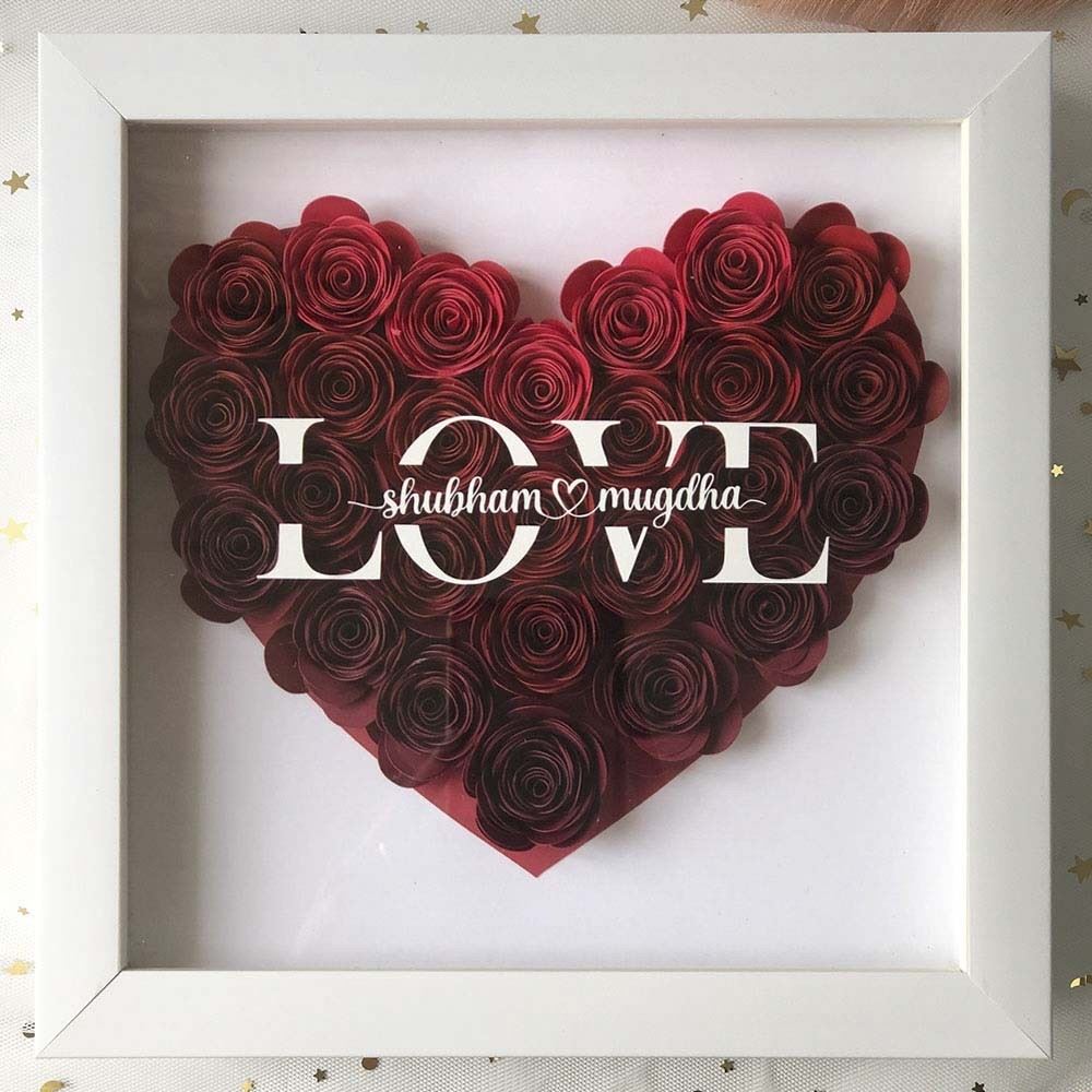 Mother's Day Flower Shadow Box, Personalized Flower Ombre DarkRed Shadow Box With Name For Wedding Anniversary Valentine's Day