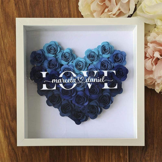 Mother's Day Flower Shadow Box, Personalized Flower Ombre MidnightBlue Shadow Box With Name For Wedding Anniversary Valentine's