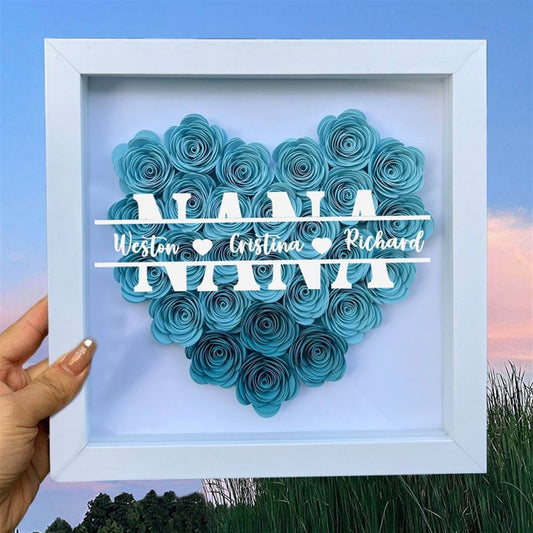 Mother's Day Flower Shadow Box, Personalized Grandma Ombre Aqua Flower Shadow Box With Grandkids Name For Mother's Day Birthday