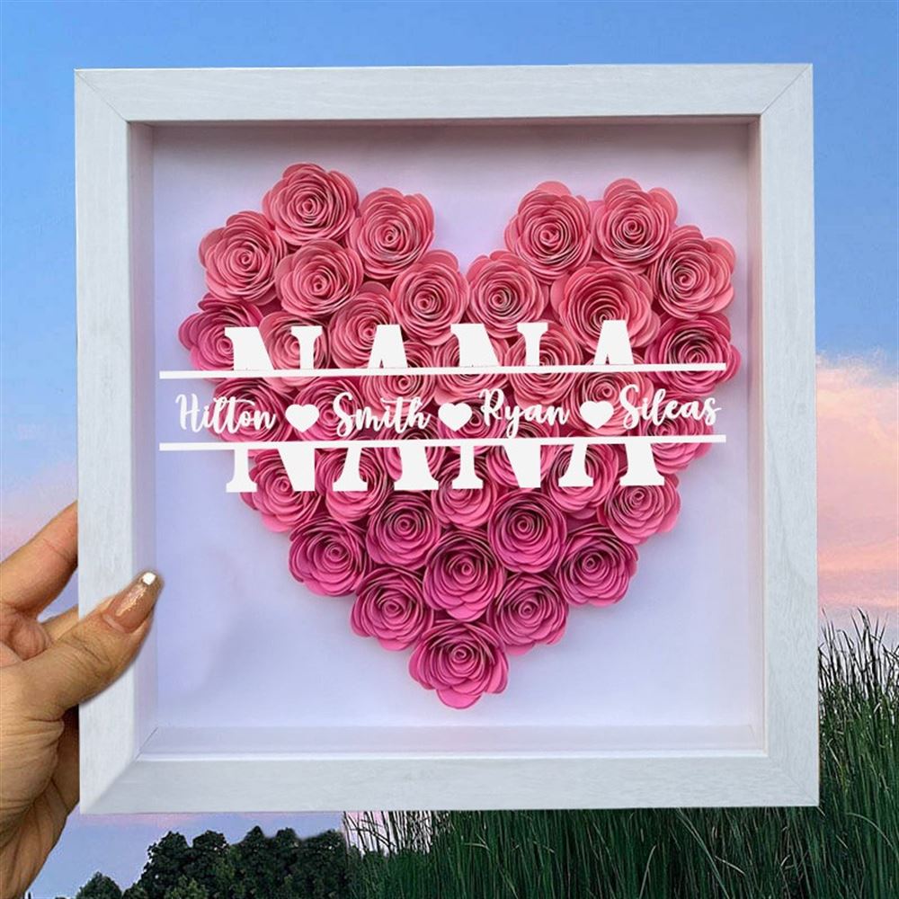 Mother's Day Flower Shadow Box, Personalized Grandma Ombre Aqua Flower Shadow Box With Grandkids Name For Mother's Day Birthday
