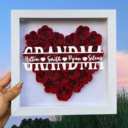 Mother's Day Flower Shadow Box, Personalized Grandma Ombre Maroon Flower Shadow Box With Grandkids Name For Mother's Day Birthday