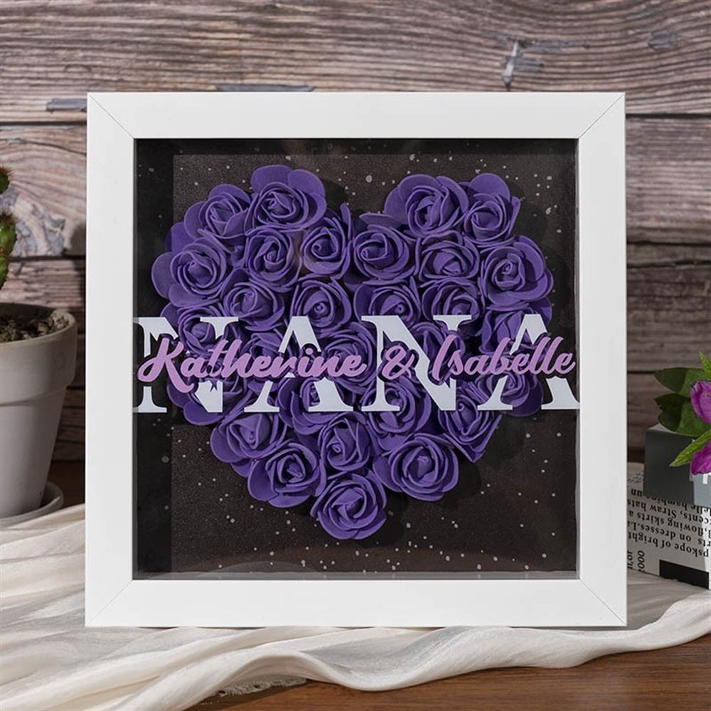 Mother's Day Flower Shadow Box, Personalized Grandma Purple Flower Shadow Box With Kids Name For Grandma Mother's Day Gift
