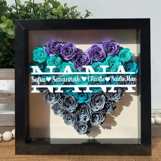 Mother's Day Flower Shadow Box, Personalized Mama Aqua Mix Flower Shadow Box With Name For Mother's Day Birthday