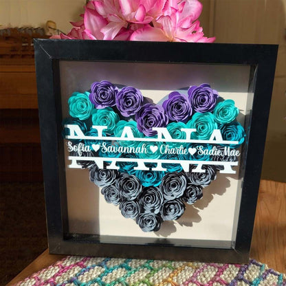 Mother's Day Flower Shadow Box, Personalized Mama Aqua Mix Flower Shadow Box With Name For Mother's Day Birthday