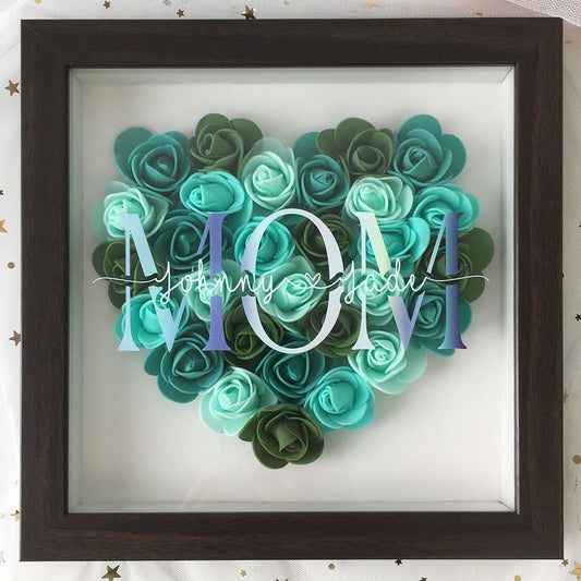Mother's Day Flower Shadow Box, Personalized Mom Aqua Mix Flower Shadow Box Red Oak Frame With Name For Mother's Day