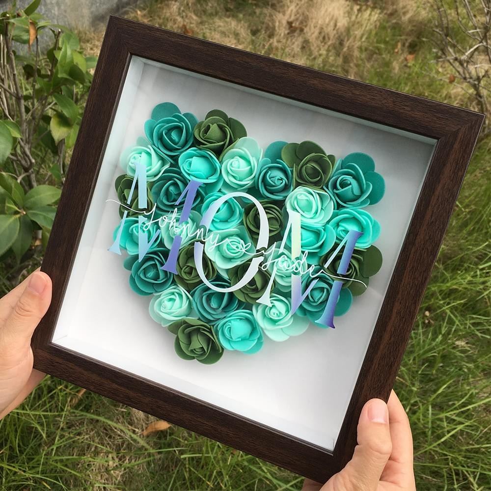 Mother's Day Flower Shadow Box, Personalized Mom Aqua Mix Flower Shadow Box Red Oak Frame With Name For Mother's Day