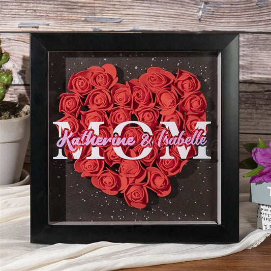 Mother's Day Flower Shadow Box, Personalized Mom Crimson Flower Shadow Box With Kids Name For Grandma Mother's Day Gift