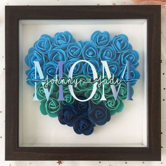 Mother's Day Flower Shadow Box, Personalized Mom Cyan Mix Flower Shadow Box Red Oak Frame With Name For Mother's Day
