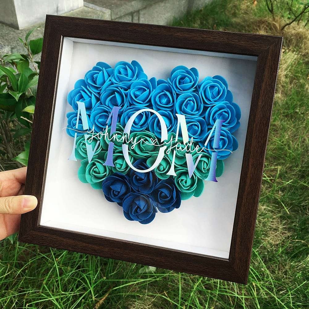 Mother's Day Flower Shadow Box, Personalized Mom Cyan Mix Flower Shadow Box Red Oak Frame With Name For Mother's Day