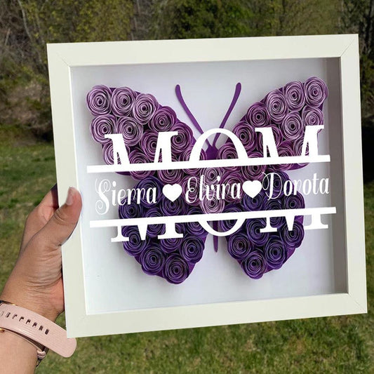 Mother's Day Flower Shadow Box, Personalized Mom DarkMagenta Butterfly Shadow Box With Kids Name For Grandma Mother's Day Gift